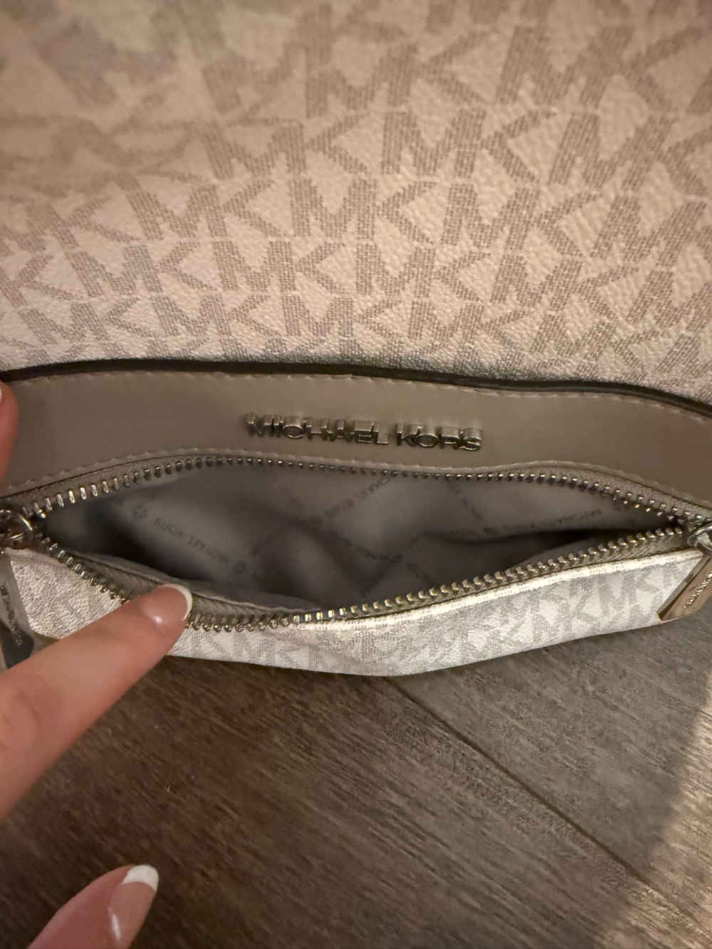 Michael Kors White and Taupe Logo Dome Crossbody Backpack - Picture 9 of 12